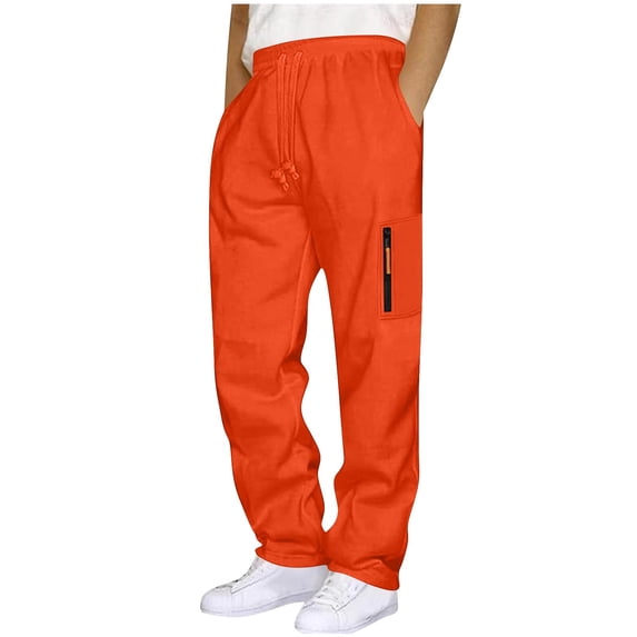 Jessboyy Cargo Sweatpants for Men with Pockets Open Bottom Straight Leg Sweatpants Trendy Zipper Pocket Elastic Waist Drawstring Sweat Pants Orange,XXXL