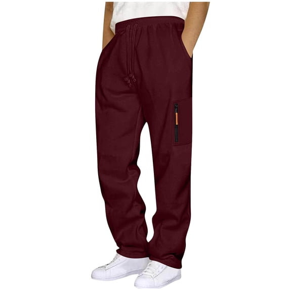 Jessboyy Cargo Sweatpants for Men with Pockets Open Bottom Straight Leg Sweatpants Trendy Zipper Pocket Elastic Waist Drawstring Sweat Pants Wine,L