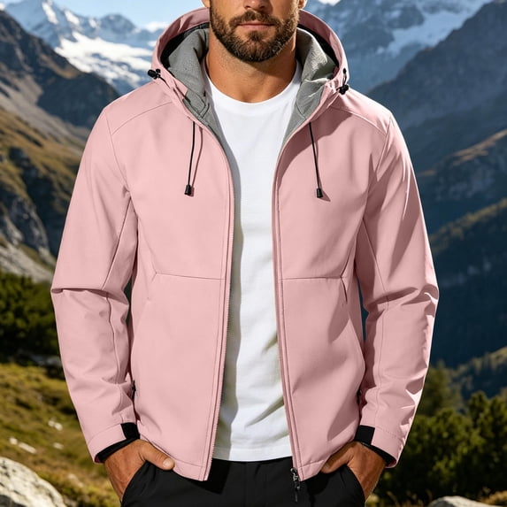 Jessboyy Jackets for Men with Hood Fall Winter Hiking Climbing Outdoor Jacket Trendy Pockets Hooded Midweight Windbreaker Pink,XXL