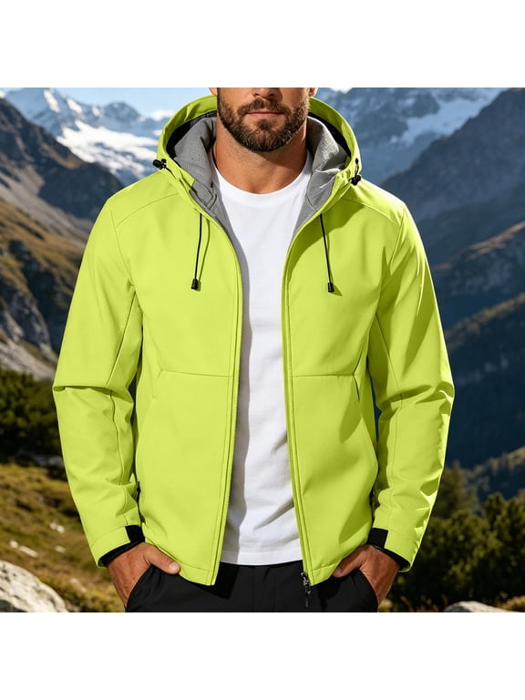 Jackets for Men with Hood Fall Winter Hiking Climbing Outdoor Jacket Trendy Pockets Hooded Midweight Windbreaker Yellow,XXL