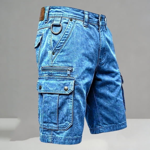 Jessboyy Jean Cargo Shorts for Men with Multi Pockets Button Zipper Knee Length Bermuda Cargo Summer Outdoor HIking Work Shorts Blue,XXL