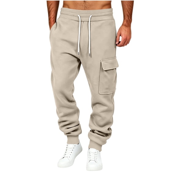 Jessboyy Joggers for Men with Pockets Casual Sweatpants with Pockets,Ribbed Ankle Cuff,Tapered Leg,Elastic Waist Drawstring,Fall Winter Beige,XXXL
