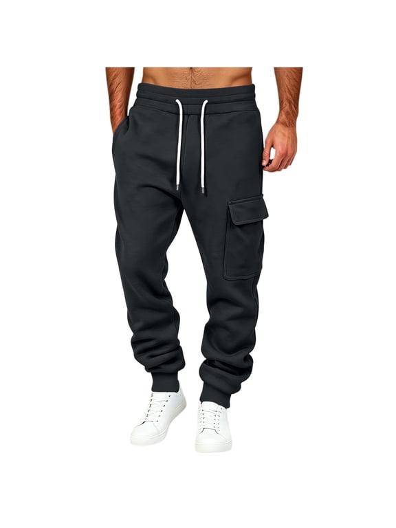 Joggers for Men with Pockets Casual Sweatpants with Pockets,Ribbed Ankle Cuff,Tapered Leg,Elastic Waist Drawstring,Fall Winter Dark Gray,M