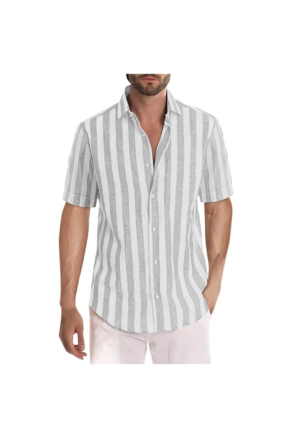 Men's Hawaiian Shirts Summer Short Sleeve Button Down Beach Shirts Regular Fit Casual Striped Printed Vacation Travel Holiday Shirt Gray,XL