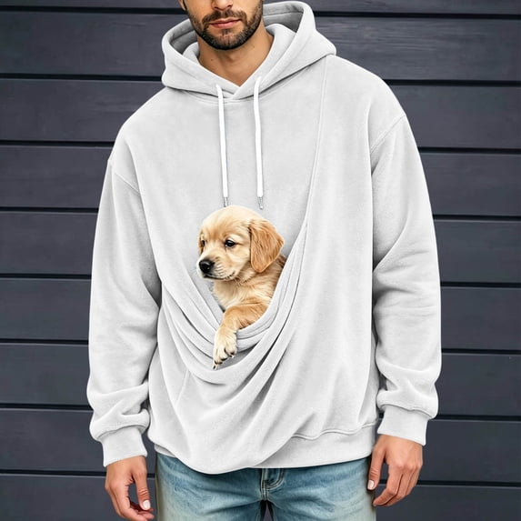 Jessboyy Men's Pet Pouch Hoodies Warm Fleece Long Sleeve Hoodie with Pet Pouch White,S