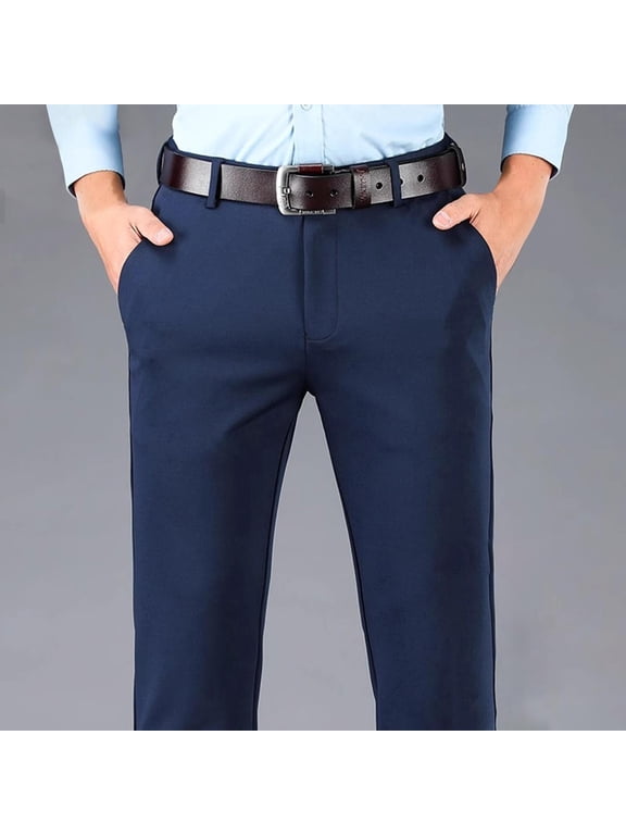 Men's Stretch Dress Slacks Business Casual Straight Leg Office Work Pants Slim Fit Expandable Waist Flat Front Dress Pants Trousers Blue,33