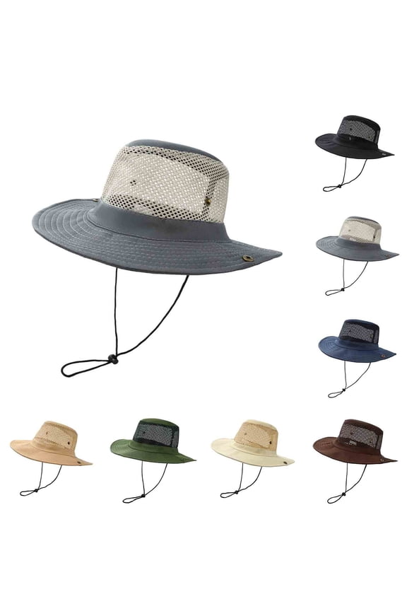 Men's Sun Hats Breathable Wide Brim Outdoor Hat Hollow Out UV Protection Bucket Hat Adjustable Summer Hat for Hiking Outdoor Gray