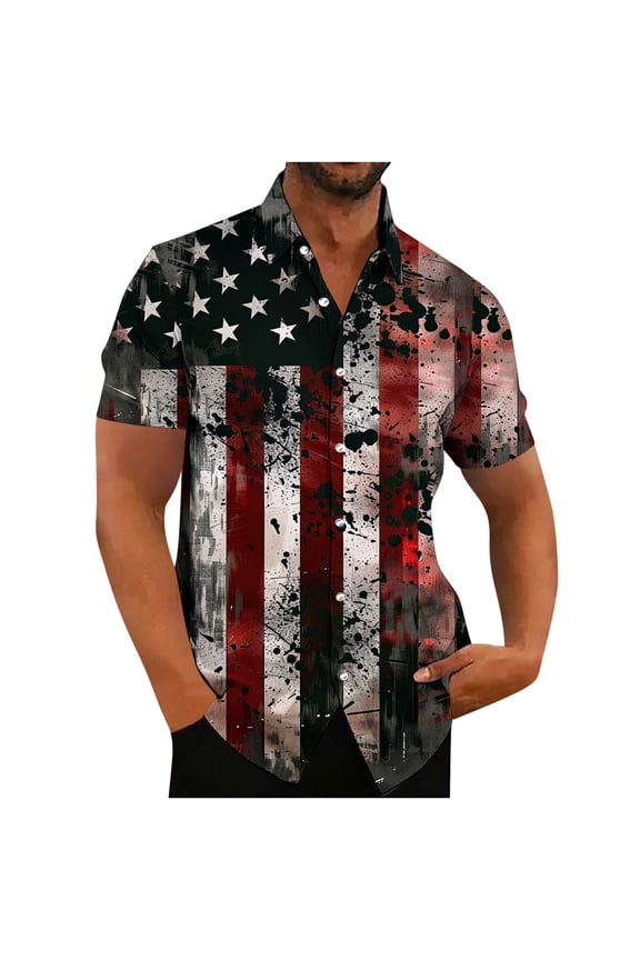 Mens Button Down Shirts Big and Tall American Flag Printed 4th of July Shirt Short Sleeve Independence Day Patriotic Tshirts Multicolor,M