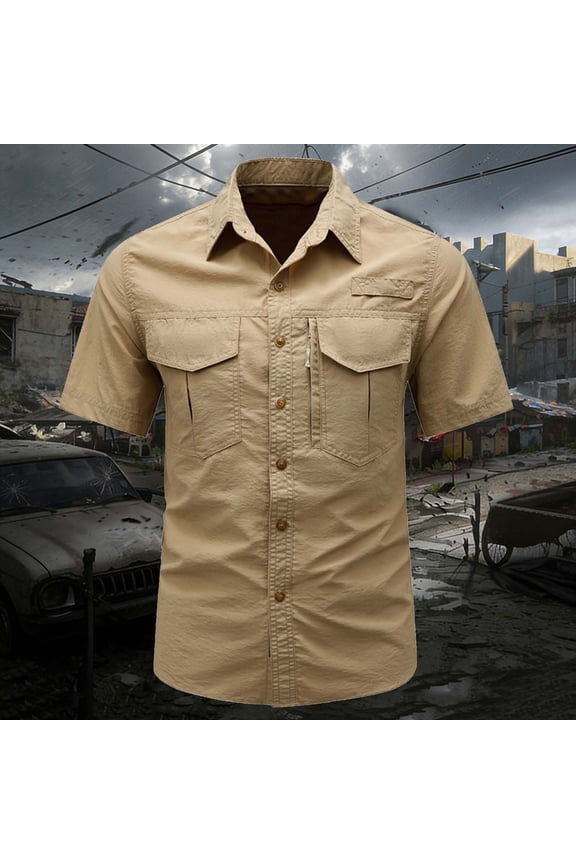 Mens Button Down Shirts Breathable Quick Dry Short Sleeve Cargo Shirt with Pockets Moisture Wicking Work Summer Outdoor Hiking Tops Khaki,XL