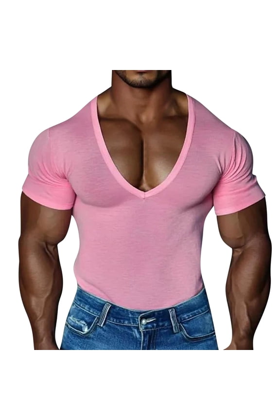 Mens Deep V Neck T Shirts Short Sleeve Workout Muscle T-shirts Summer Solid Color Gym Athletic Fitness Tshirts Casual Low Cut Shirt Pink,L