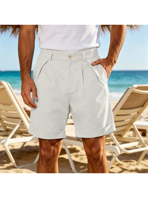 Mens Dress Shorts 7" Inseam Business Casual Button Zipper Pleated Shorts Expandable Waist Roll up Bottoms Work Shorts Summer White,XL