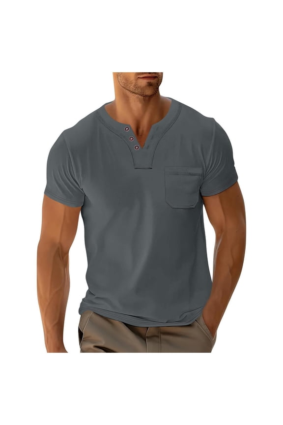 Mens Henley V Neck T Shirts with Pockets Casual Short Sleeve Summer Tops Solid Color Basic T-shirts Daily Wear Gray,S