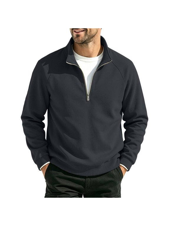 Mens Long Sleeve Quarter Zip Pullover Casual Solid Color Fall Sweatshirts no Hood Fitted Trendy Zipper Front Pullover Sweatshirt Dark Gray,S