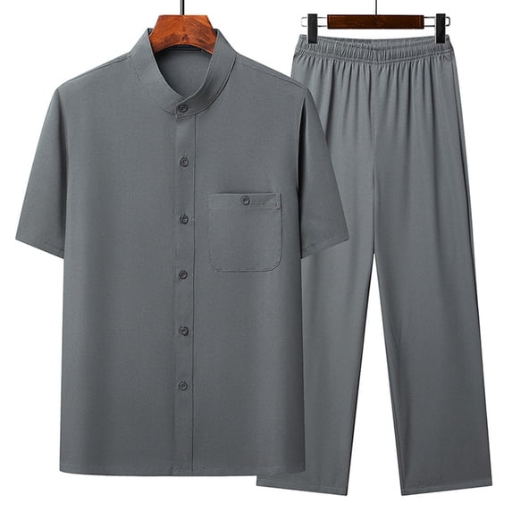 Jessboyy Mens Outfits 2 Piece Sets Casual Stand Collar Short Sleeve Button Down Shirts and Tai Chi Pants Vacation Travel Set Fall Going Out Outfit Dark Gray,M