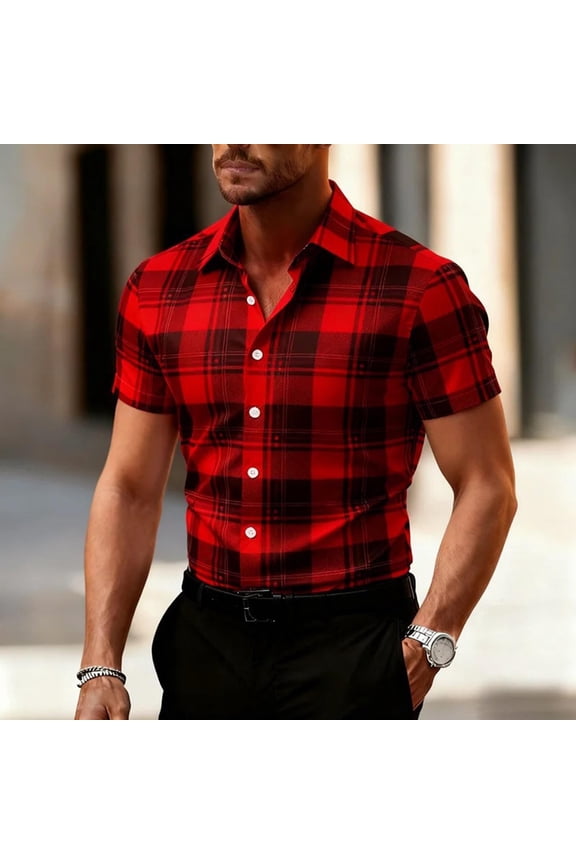 Mens Plaid Dress Shirts Fitted Work Casual Short Sleeve Button Down Shirt Summer Vacation Beach Wedding Party Semi Formal Shirts Red,S