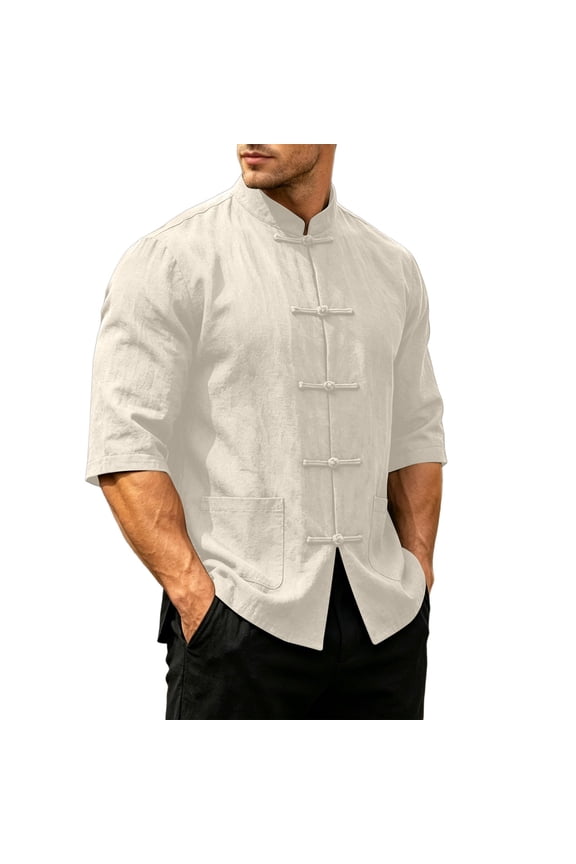 Mens Shirts Trendy Frog Button Stand Collar Shirts Short Sleeve Cotton Casual Summer Tops Beige,XXXL