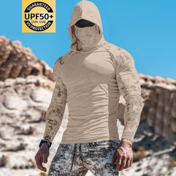 Jessboyy Mens Sun Shirts Long Sleeve UV Protect with Hood Summer UV Shirts with Mask Breathable Athletic Tops Cooling Workout Running Hoodies Beige,L