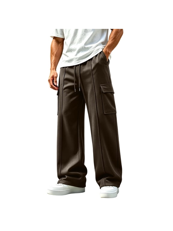 Mens Sweatpants with Pockets Thin Fleece Lined Straight Leg Sweatpant Drawstring Elastic Waist Lounge Workout Athletic Pants Brown,XXL