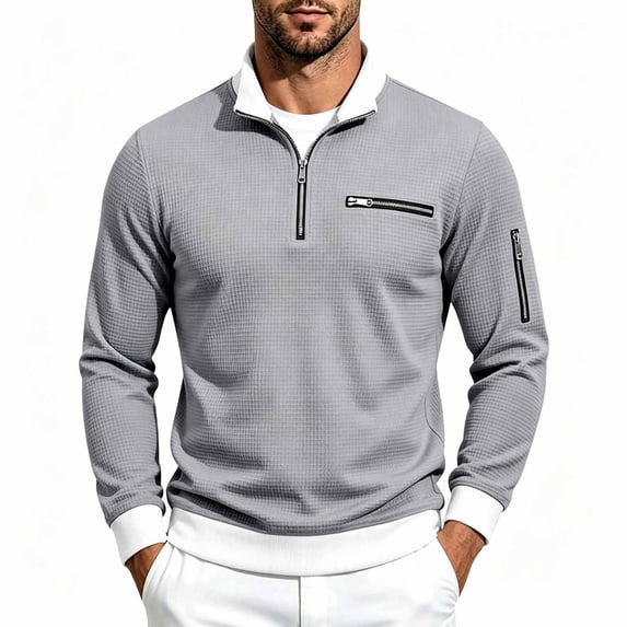 Jessboyy Mens Sweatshirts no Hood Long Sleeve Quarter Zip Pullover Work Casual Golf Waffle Knit Pullover Shirts Collared Sweatshirt Fall Winter Gray,L