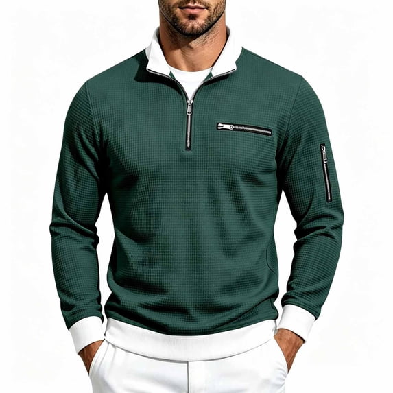 Jessboyy Mens Sweatshirts no Hood Long Sleeve Quarter Zip Pullover Work Casual Golf Waffle Knit Pullover Shirts Collared Sweatshirt Fall Winter Green,XXXL