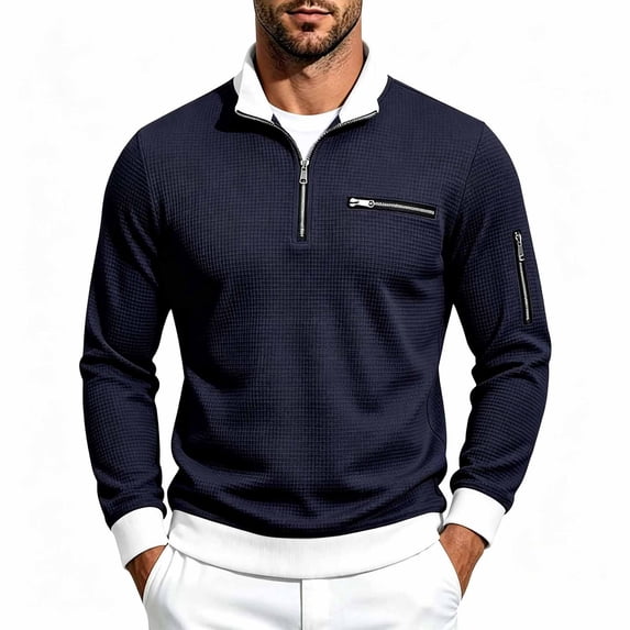 Jessboyy Mens Sweatshirts no Hood Long Sleeve Quarter Zip Pullover Work Casual Golf Waffle Knit Pullover Shirts Collared Sweatshirt Fall Winter Navy,L