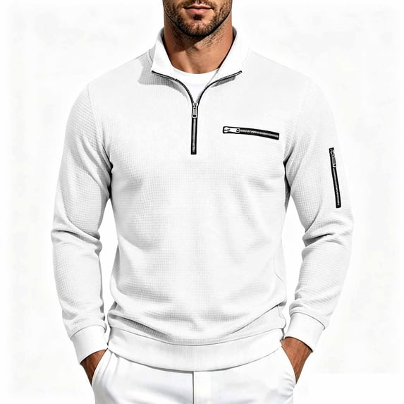 Jessboyy Mens Sweatshirts no Hood Long Sleeve Quarter Zip Pullover Work Casual Golf Waffle Knit Pullover Shirts Collared Sweatshirt Fall Winter White,S