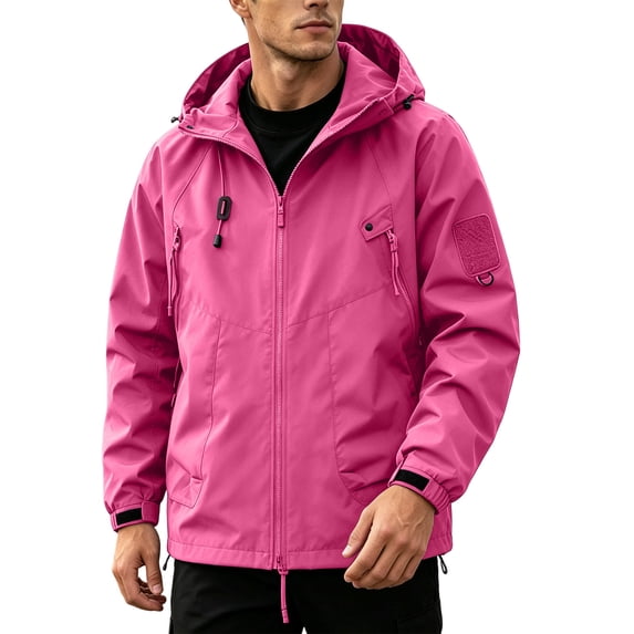 Jessboyy Mens Windbreaker Jacket with Hood Long Sleeve Rain Shell Jackets with Pockets Waterproof Windproof Outdoor Jacket Hot Pink,XXL