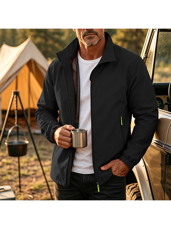 Mens Windbreaker Jackets with Pockets Lightweight Stand Collar Zip up Jacket no Hood Waterproof Windproof Coats Work Casual Outdoor Black,S