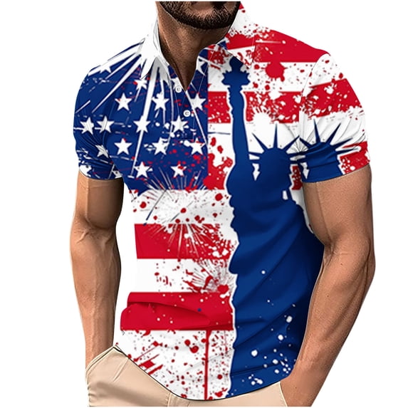 Jessboyy Patriotic Shirts for Men Short Sleeve Collared Shirt Independence Day 4th of July Tshirts American Flag Graphic Tees Summer Holiday Multicolor,L
