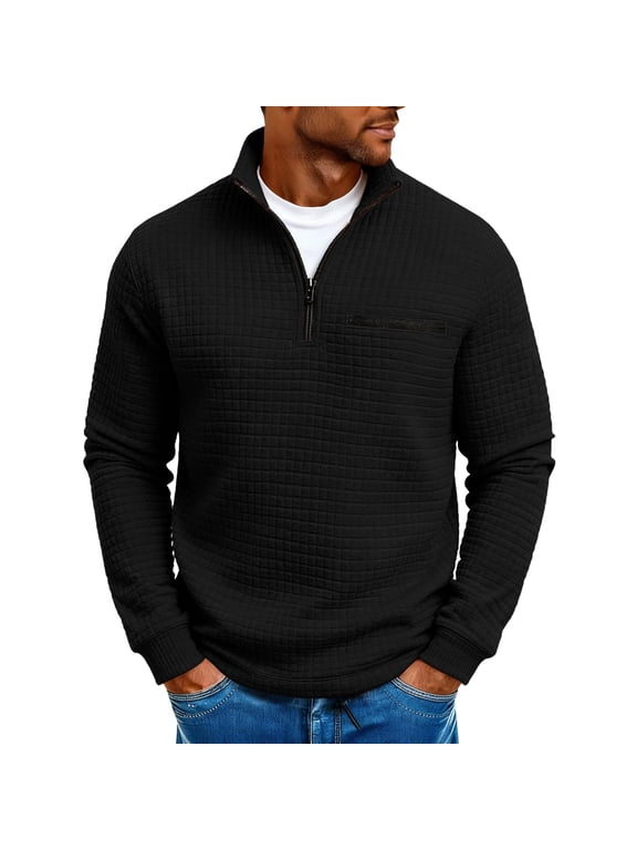 Quarter Zip Pullover Men Trendy Waffle Knit Long Sleeve Shirt Textured Solid Color Pullover Sweatshirt Casual Fall Winter Clothes Black,M