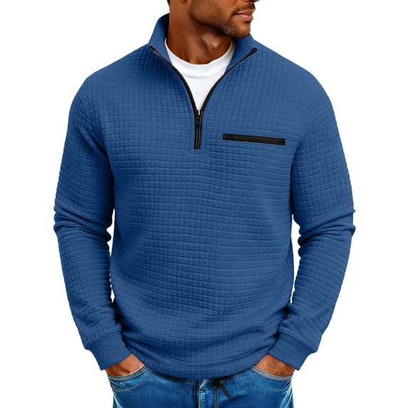 Jessboyy Quarter Zip Pullover Men Trendy Waffle Knit Long Sleeve Shirt Textured Solid Color Pullover Sweatshirt Casual Fall Winter Clothes Blue,XL
