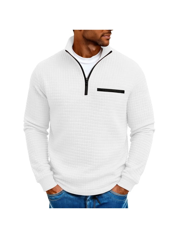 Quarter Zip Pullover Men Trendy Waffle Knit Long Sleeve Shirt Textured Solid Color Pullover Sweatshirt Casual Fall Winter Clothes White,XXL