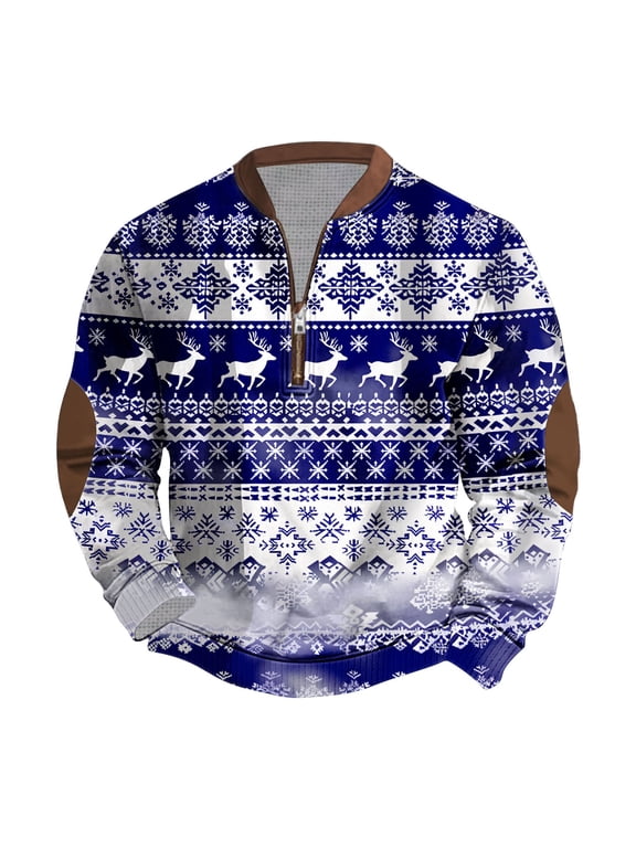 Retro Aztec Shirts for Men Long Sleeve Half Zip Pullover with Elbow Patch Comfy Collarless Tops Big and Tall Graphic Shirt Multicolor,L