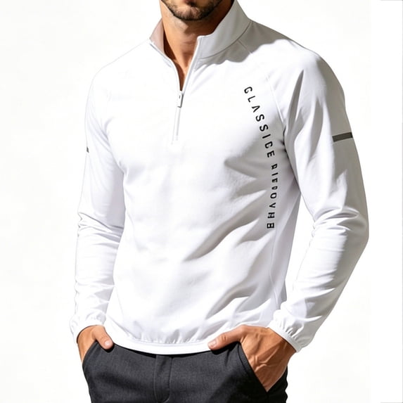 Jessboyy Sun Shirts for Men Long Sleeve UV Protection Clothing Moisture Wicking Quarter Zip Pullover Summer Athletic Rash Guards Sunscreen Tops White,S