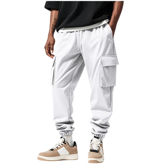 Jessboyy Sweatpants for Men with Pockets Trendy Streetwear Cargo Jogger Sweatpant Drawstring Elastic Waist Casual Workout Outdoor Cargo Pants White,XXL