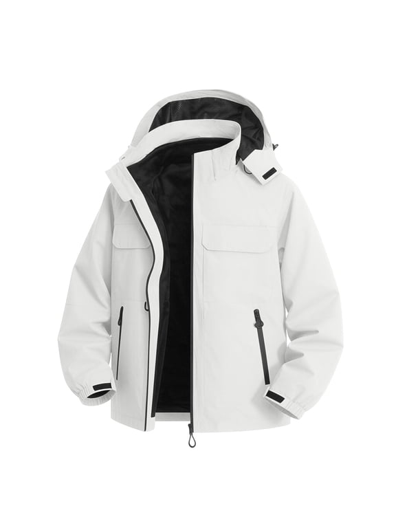 Windbreaker Jackets for Men Waterproof Zip up Softshell Jacket with Hood Pockets Windproof Outerwear Coats for Outdoor Hiking Climbing White,XXL
