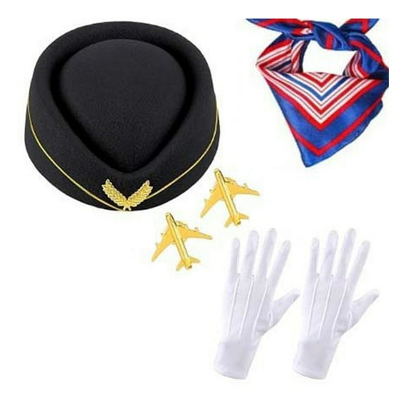 Jesscasday 4Pcs Adults Flight Attendant Costume Accessories Stewardess Outfit Flight Attendant Hat Scarf Gloves for Women Girls