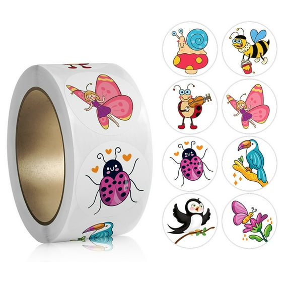 Jesscasday 500 Pcs/Roll Animal Stickers Self-Adhesive Stickers Kids Rewards Stickers Cartoon Insect Stickers Lovely Animal Decals