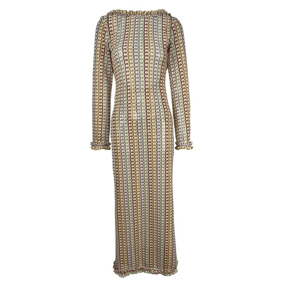 Jesscasday Backless Crochet Beach Dress for Women Long Sleeve Bathing Suit Coverup Knit Dress Full Length Crochet Swimwears Coverup