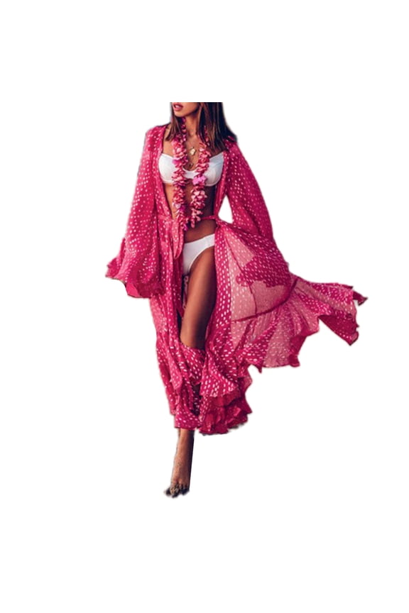 Classic Polka Dot Women's Beach Bikin Cover up Summer Lightweight Cardigan Long Swimsuit Cover Ups Easy to Match