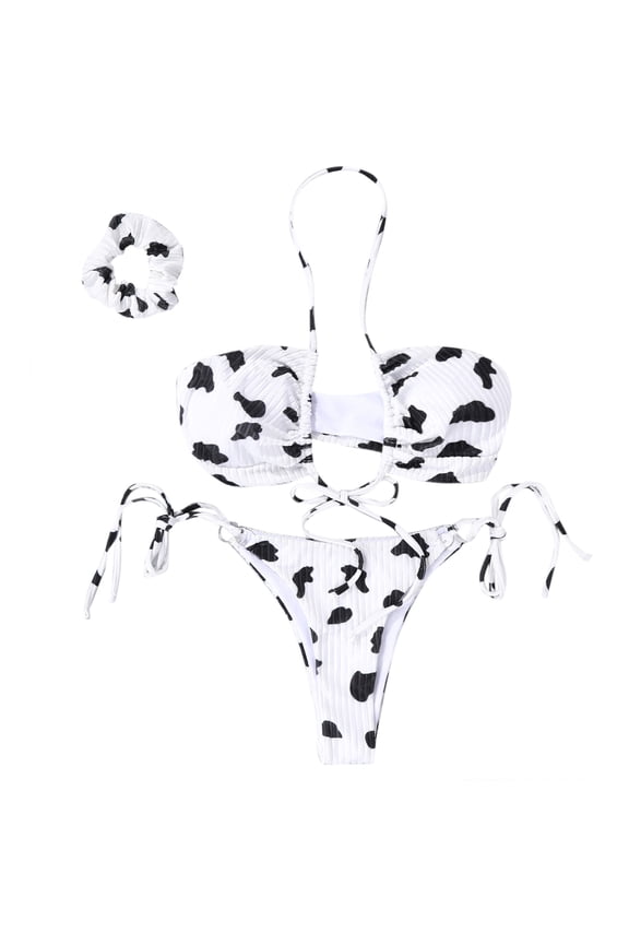 Cow Print Floral Halter Bikini Set Push Up Swimwear Cup Swimsuit Swimwear Beach New 2022