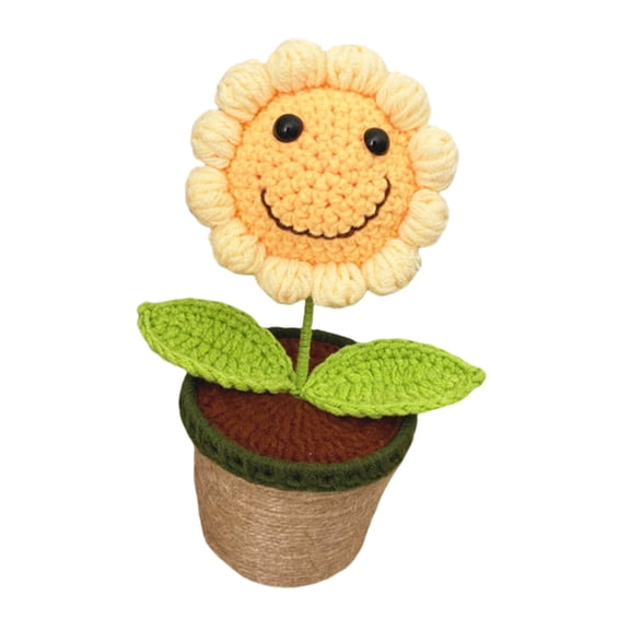 Jesscasday Crocheted Smiling Sunflowers Potted Plant Home Decors Ornament with LED Light for Mother Day Teacher Appreciation Gift