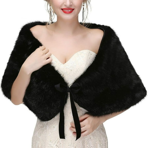 Jesscasday Elegant Faux Furs Bridal Shawl Wrap for Wedding Dress Formal Event Furry Capes Bridesmaids Bows Tie Front Stoles Scarf