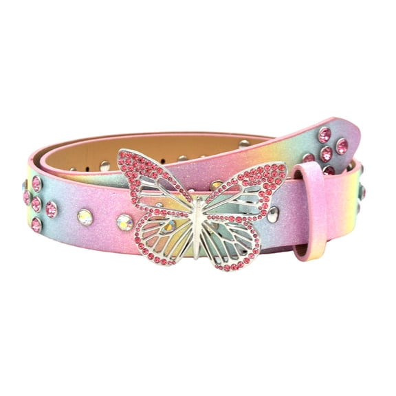 Jesscasday Elegant PU Waist Belt with Sparkling Rhinestones Butterfly Fastener for Jeans
