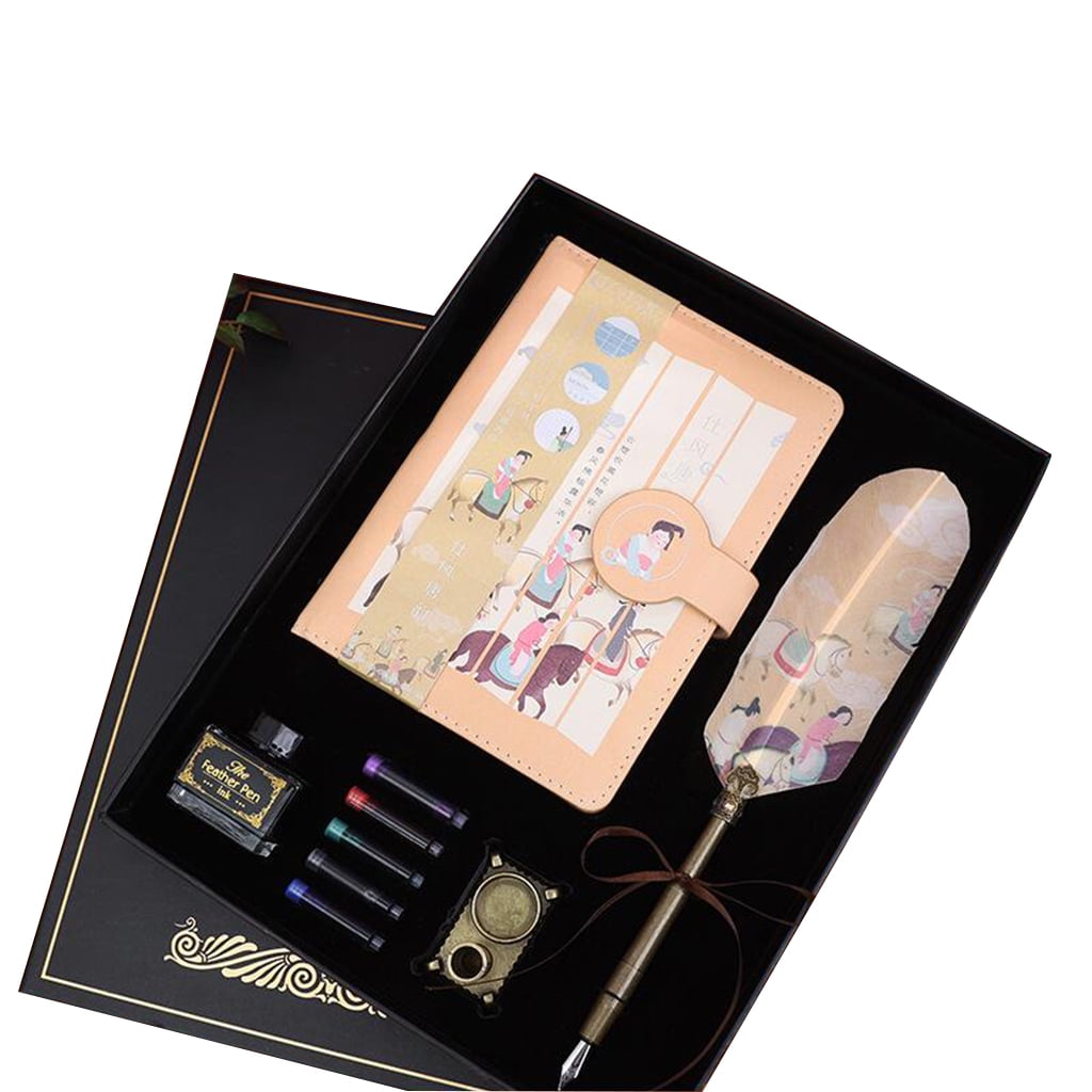 Jesscasday Exquisite Retro Quill Pen Set with 5 Ink Sacs/PU Scrapbook/Ink Bottle/Pen Holder