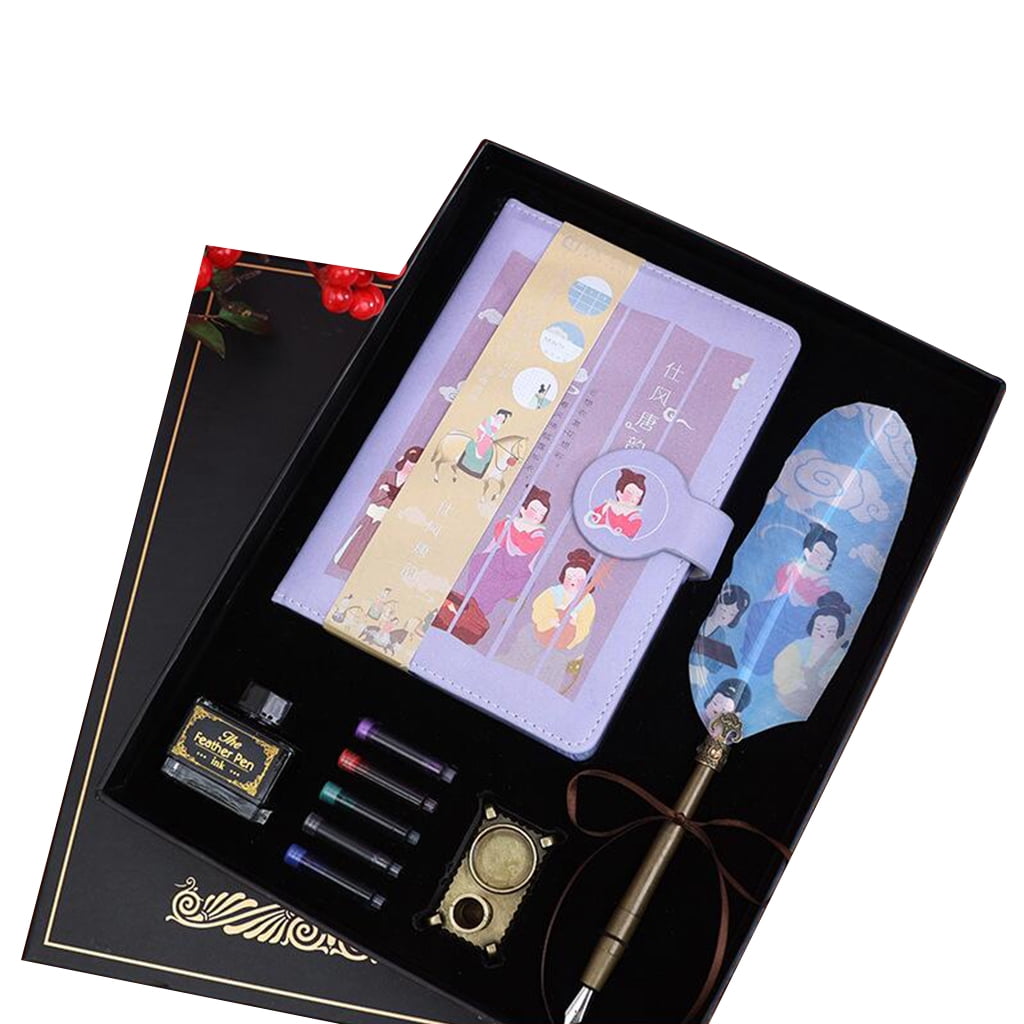 Jesscasday Exquisite Retro Quill Pen Set with 5 Ink Sacs/PU Scrapbook/Ink Bottle/Pen Holder