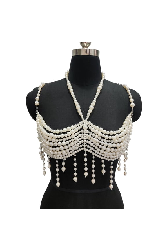 Faux Pearls Body Chain Bikini Bra for Women Beaded Tassels Halter Body Jewelry
