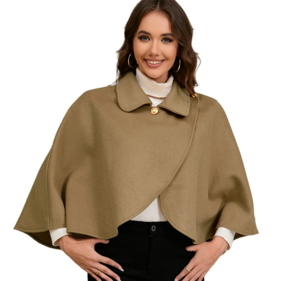 Jesscasday Lapel Collar Shawl Capes Faux Wool Crosses Wrap Front Sweater Ponchos Elegant Solid Color for Women Short Cloak Coverup