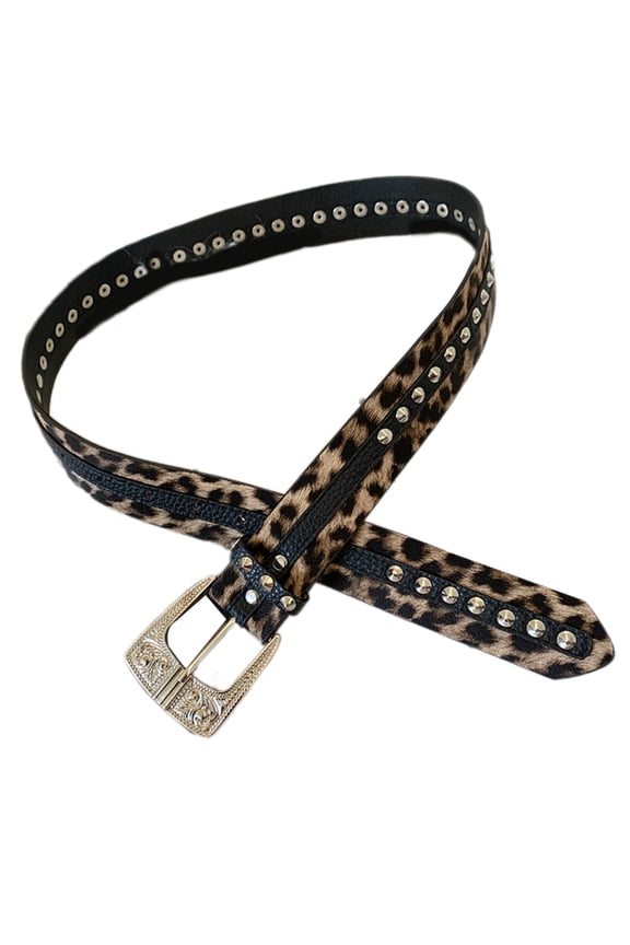 Leopard Print Studded Belt Punk Rock Style Retro Unique Waistband Fashion Accessory for Women with Metal Rivets
