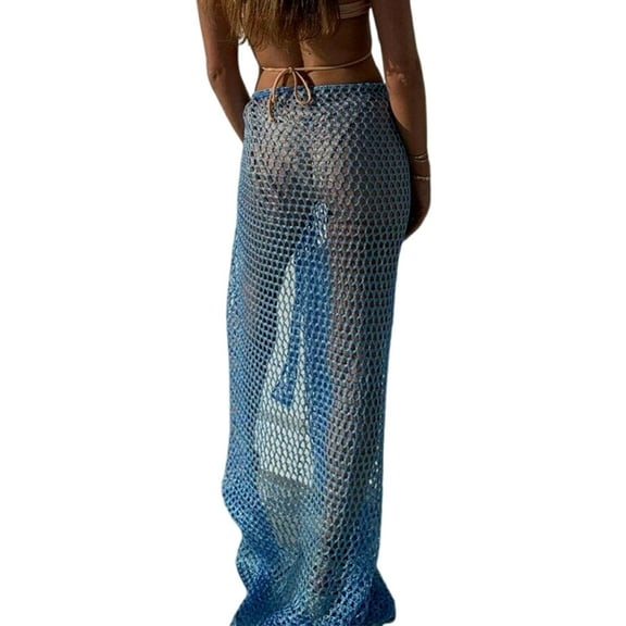 Jesscasday Long Beach Skirt Hollowed Knit Beach Coverup Skirt Side Slit Swimsuit Coverup